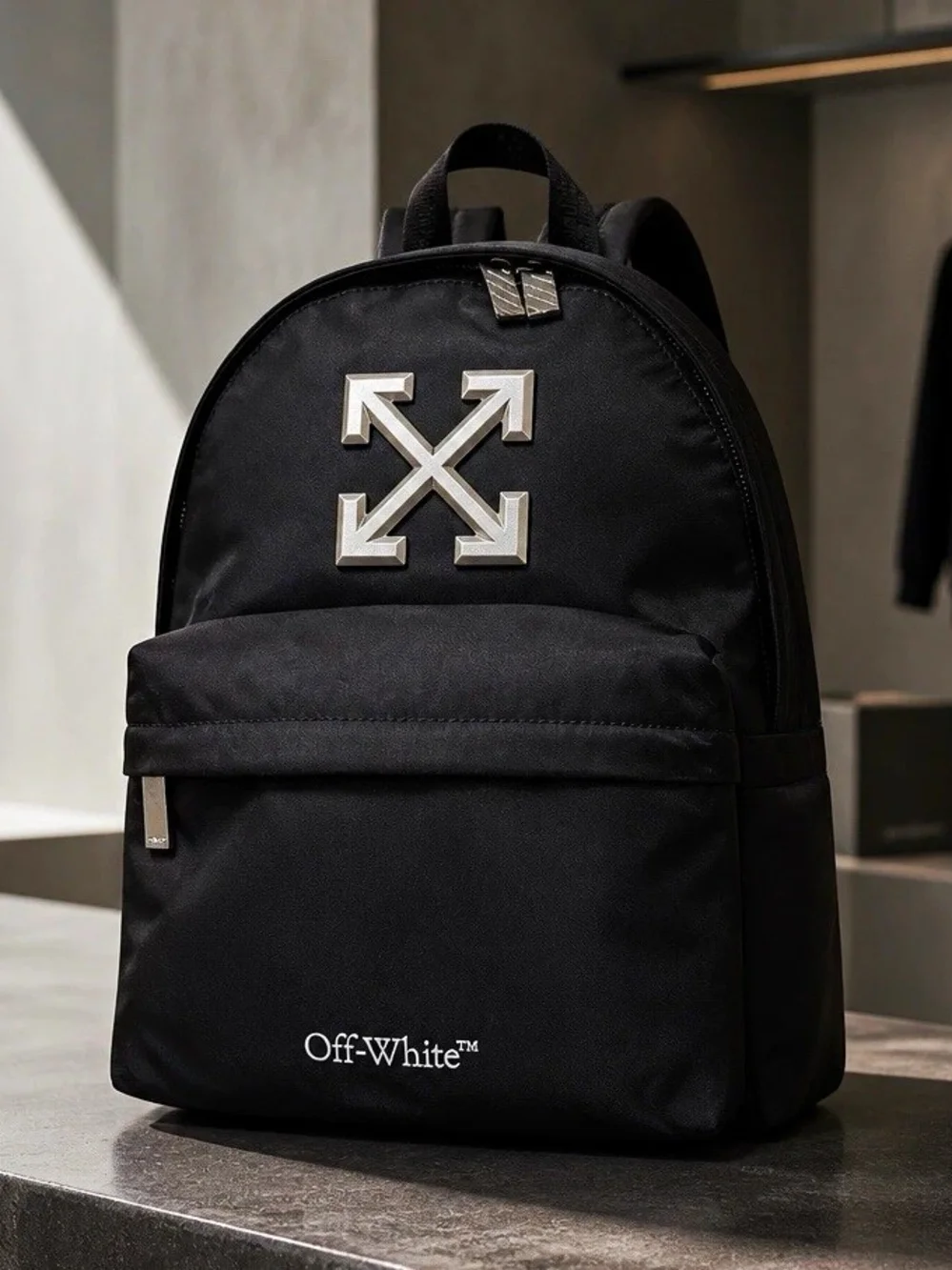 Off-White Black Zip Backpack Men's Solid Pattern Adjustable Strap Travel Casual